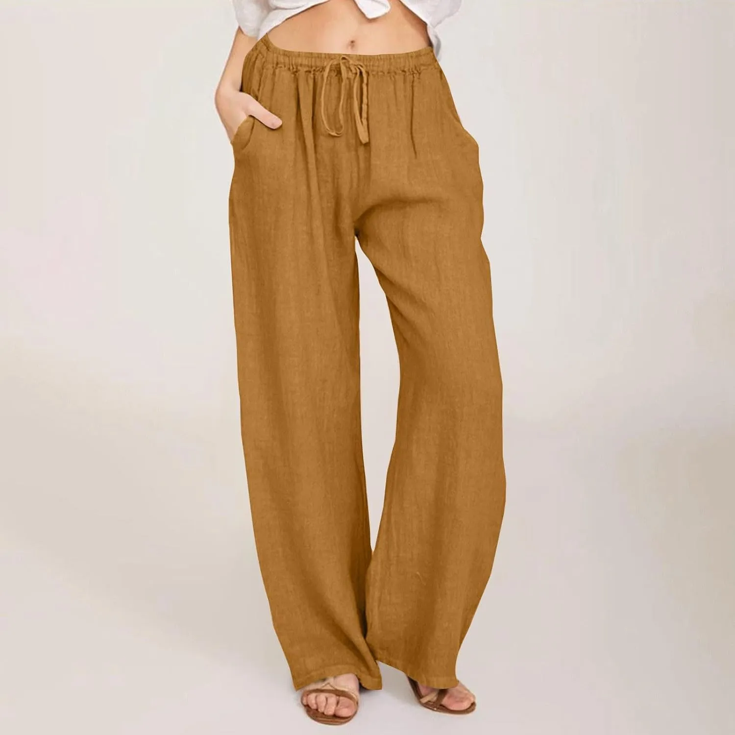 Wide Leg Linen Pants for Women Summer Boho High Waisted Palazzo Pants Lightweight Baggy Comfy Beach Pants with Pocket