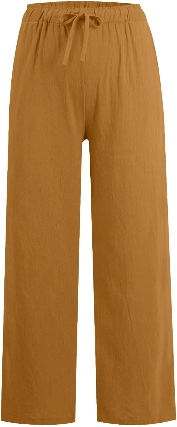 Wide Leg Linen Pants for Women Summer Boho High Waisted Palazzo Pants Lightweight Baggy Comfy Beach Pants with Pocket