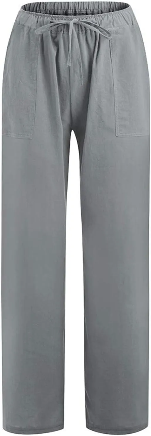 Wide Leg Linen Pants for Women Summer Casual Palazzo Flowy Boho Beach Pants Drawstring High Waist Palazzo Trousers