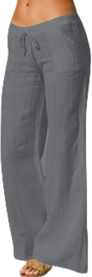 Wide Leg Linen Pants for Women Summer Casual Palazzo Flowy Boho Beach Pants Drawstring High Waist Palazzo Trousers