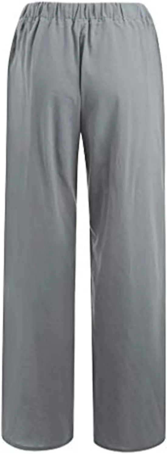 Wide Leg Linen Pants for Women Summer Casual Palazzo Flowy Boho Beach Pants Drawstring High Waist Palazzo Trousers