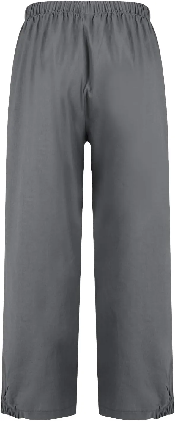 Wide Leg Linen Pants Women Drawstring Elastic High Waisted Baggy Capri Pants Casual Straight Leg Cropped Pants with Pockets