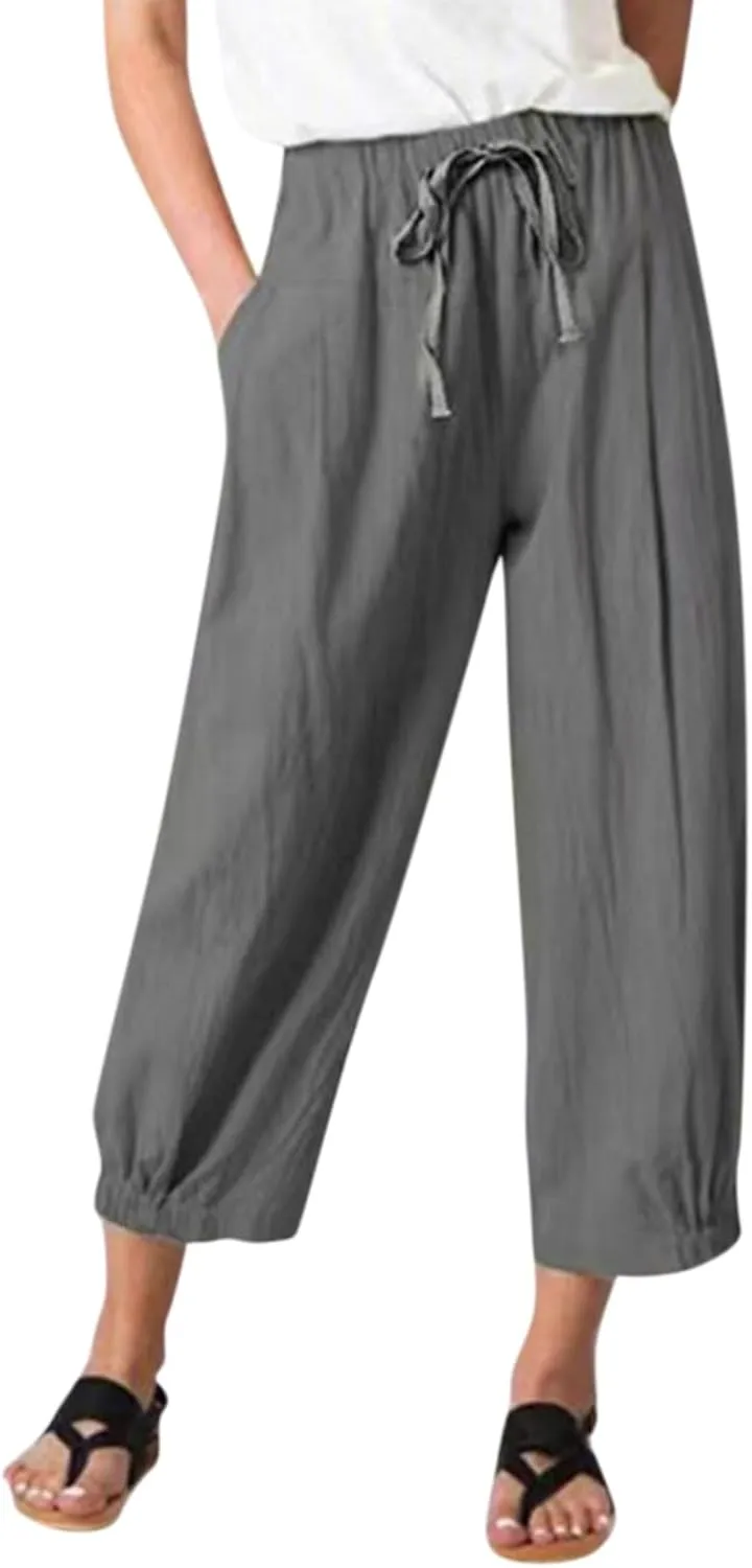 Wide Leg Linen Pants Women Drawstring Elastic High Waisted Baggy Capri Pants Casual Straight Leg Cropped Pants with Pockets