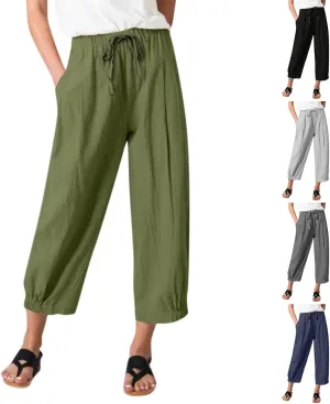 Wide Leg Linen Pants Women Drawstring Elastic High Waisted Baggy Capri Pants Casual Straight Leg Cropped Pants with Pockets