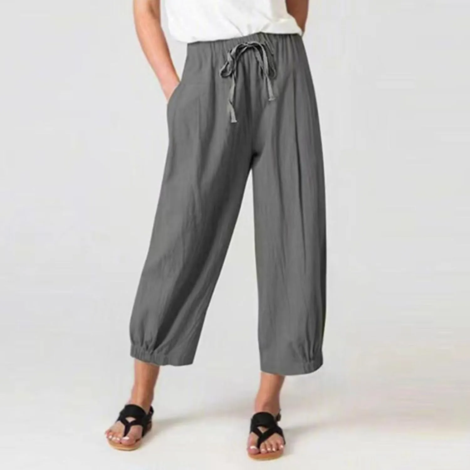 Wide Leg Linen Pants Women Drawstring Elastic High Waisted Baggy Capri Pants Casual Straight Leg Cropped Pants with Pockets