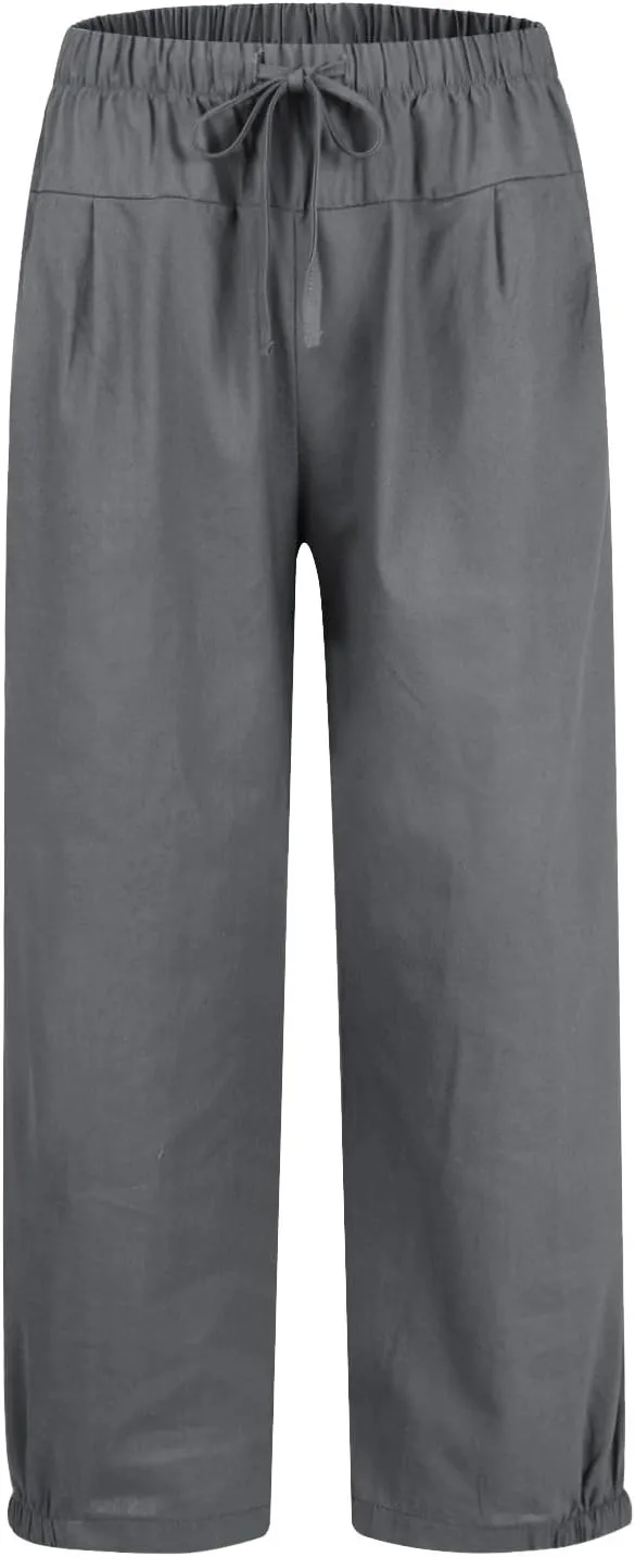Wide Leg Linen Pants Women Drawstring Elastic High Waisted Baggy Capri Pants Casual Straight Leg Cropped Pants with Pockets