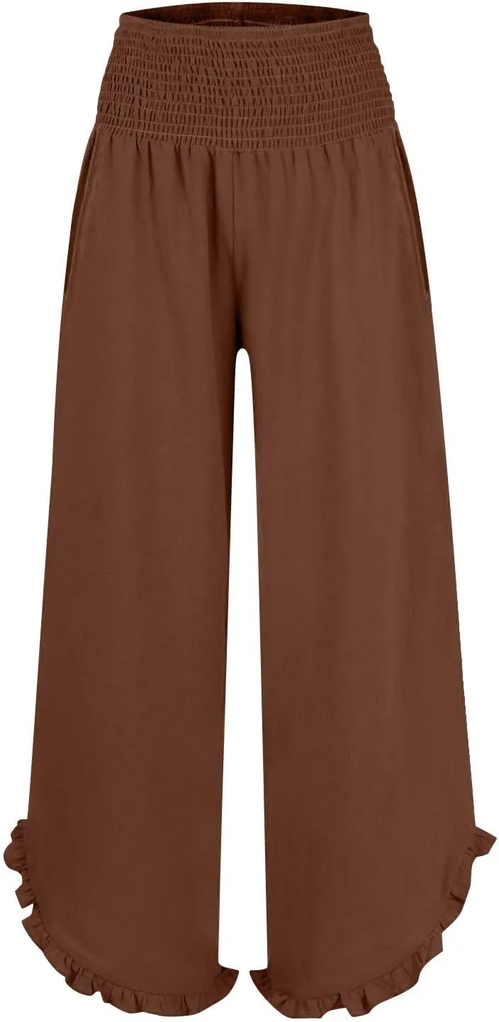 Wide Leg Linen Pants Women Summer High Waisted Smocked Ruffle Hem Palazzo Pants Boho Flowy Beach Pants with Pockets