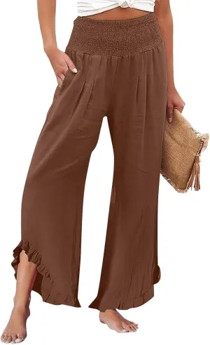 Wide Leg Linen Pants Women Summer High Waisted Smocked Ruffle Hem Palazzo Pants Boho Flowy Beach Pants with Pockets
