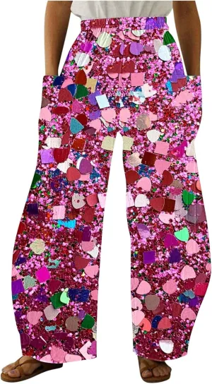 Wide Leg Pants for Women Vintage Sequin Glitter Print Straight Palazzo Dressy Casual High Waisted Lounge Trousers
