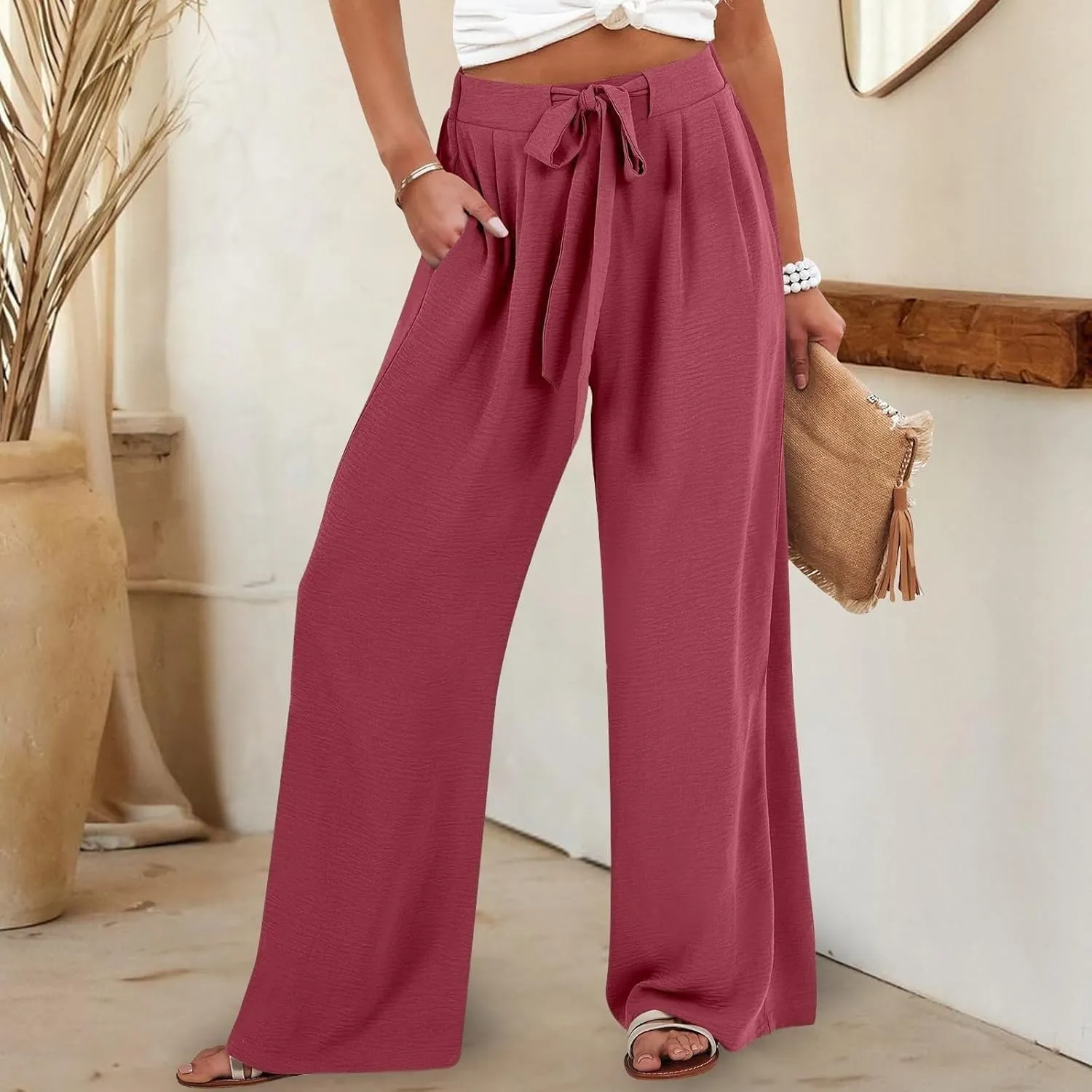 Wide Leg Pants Woman Linen Palazzo High Waisted Drawstring Summer Casual Business 2025 Beach Vacation Pants