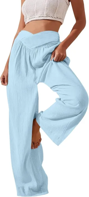 Wide Leg Summer Pants for Women Tummy Control Palazzo Pant Crossover Trousers Beach High Waisted Pants