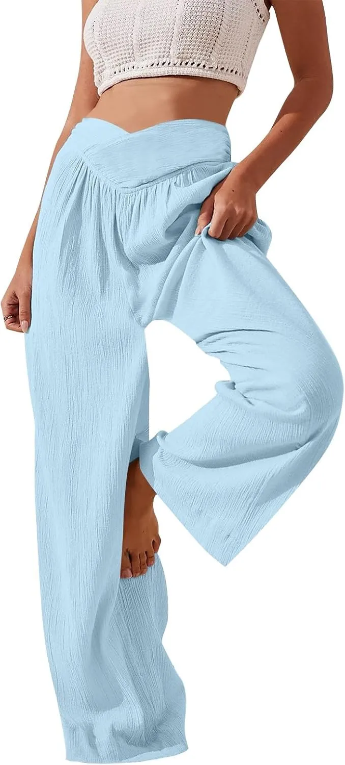 Wide Leg Summer Pants for Women Tummy Control Palazzo Pant Crossover Trousers Beach High Waisted Pants