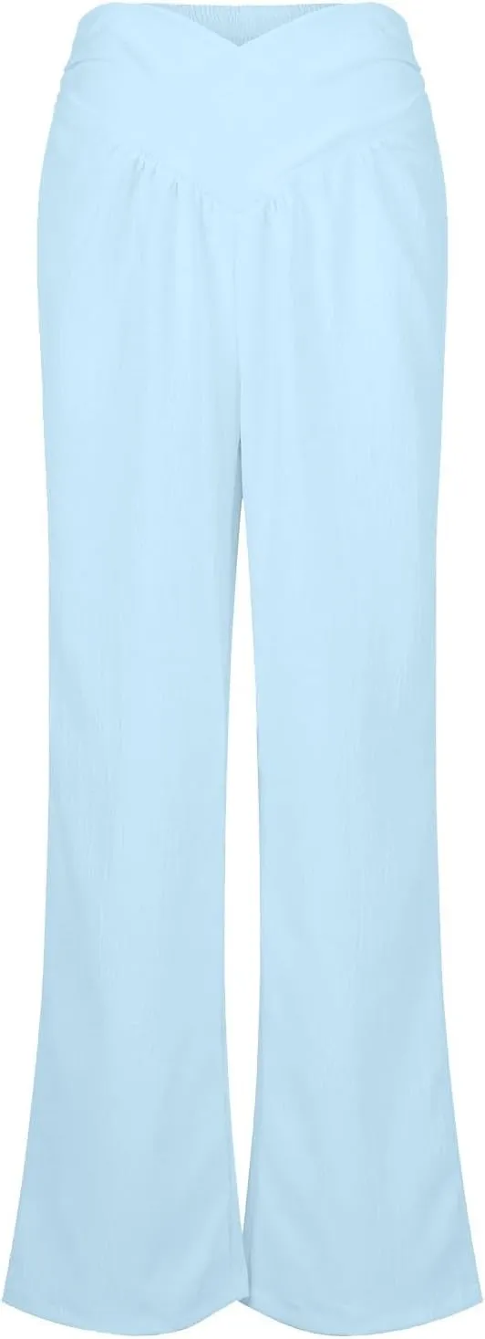 Wide Leg Summer Pants for Women Tummy Control Palazzo Pant Crossover Trousers Beach High Waisted Pants