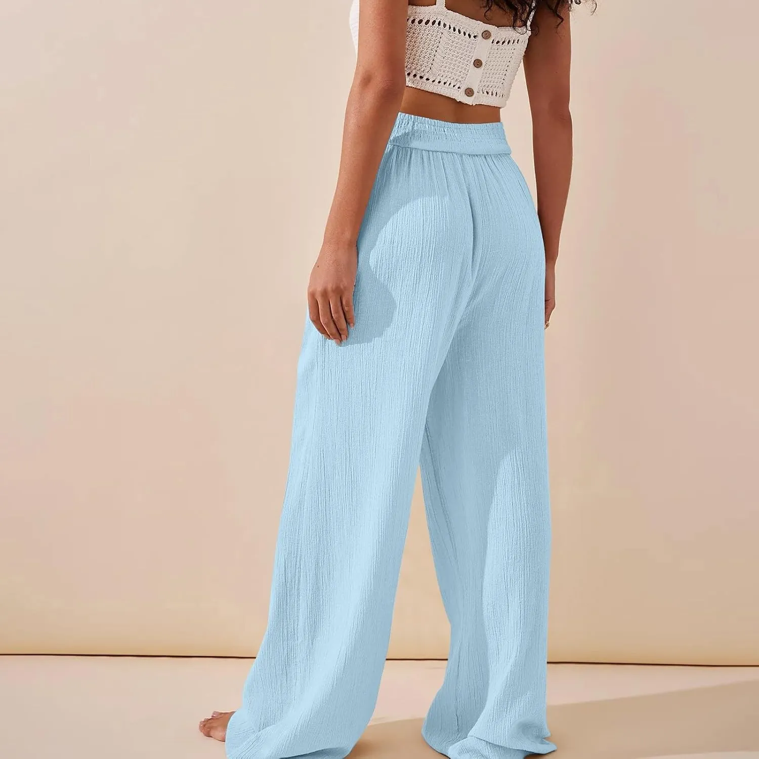 Wide Leg Summer Pants for Women Tummy Control Palazzo Pant Crossover Trousers Beach High Waisted Pants