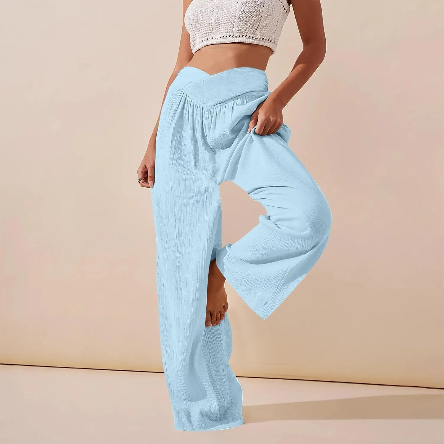 Wide Leg Summer Pants for Women Tummy Control Palazzo Pant Crossover Trousers Beach High Waisted Pants