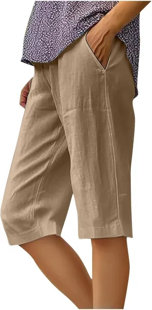 Wkishenl Athletic Shorts for Women Solid High Waisted Elastic Bermuda Short Summer Casual Comfy Linen Pants with Pockets
