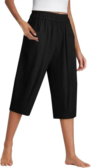 Women Capri Pants Linen Elastic High Waist Tapered Leg with Pockets Causal Loose Fit Summer Beach Lounge Trousers