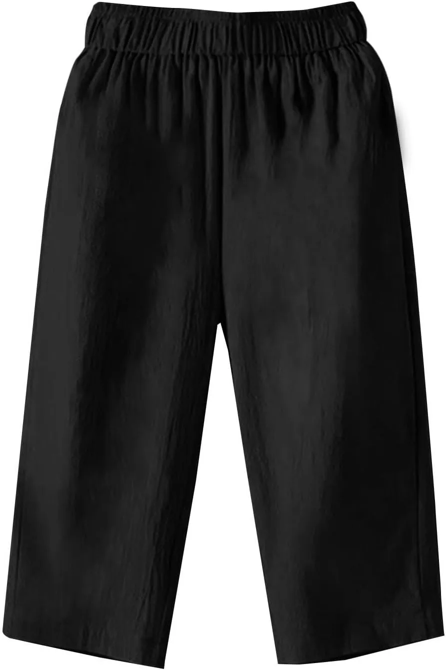 Women Capri Pants Linen Elastic High Waist Tapered Leg with Pockets Causal Loose Fit Summer Beach Lounge Trousers