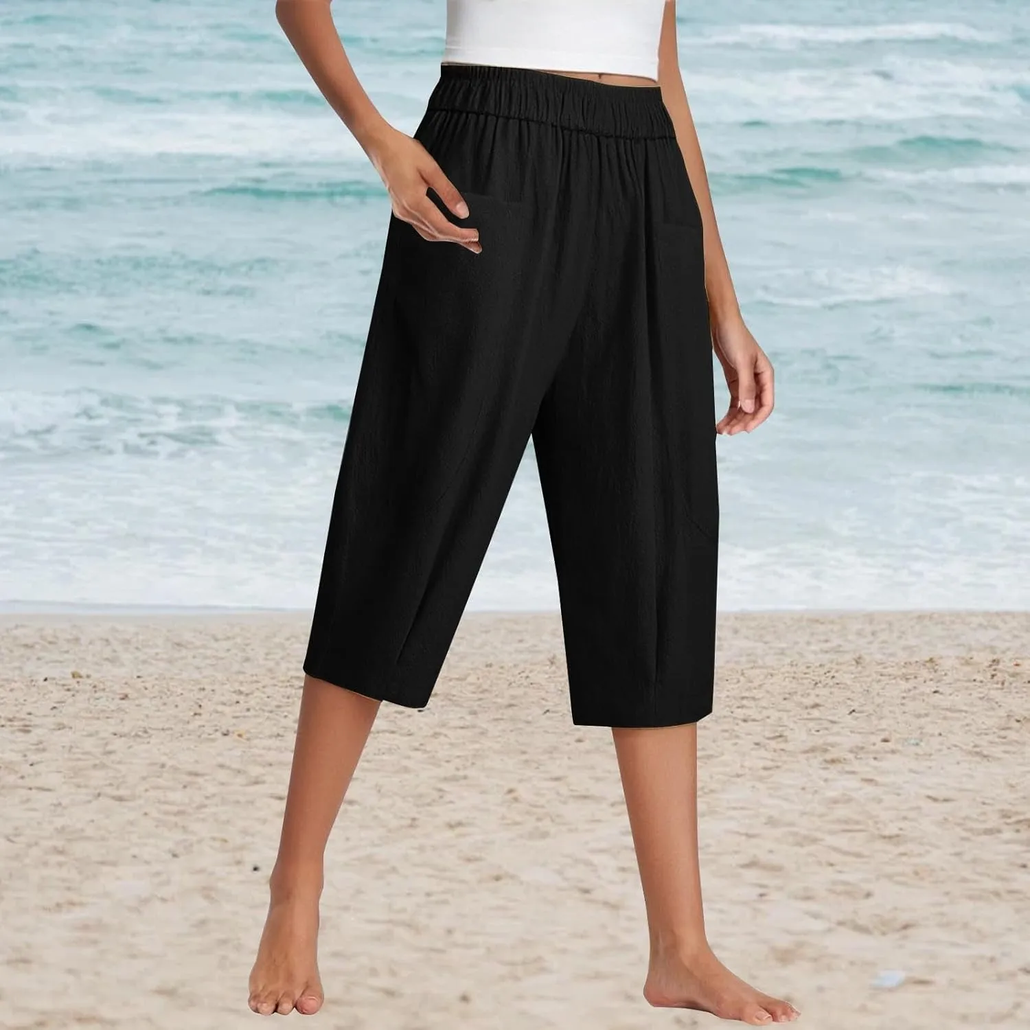 Women Capri Pants Linen Elastic High Waist Tapered Leg with Pockets Causal Loose Fit Summer Beach Lounge Trousers