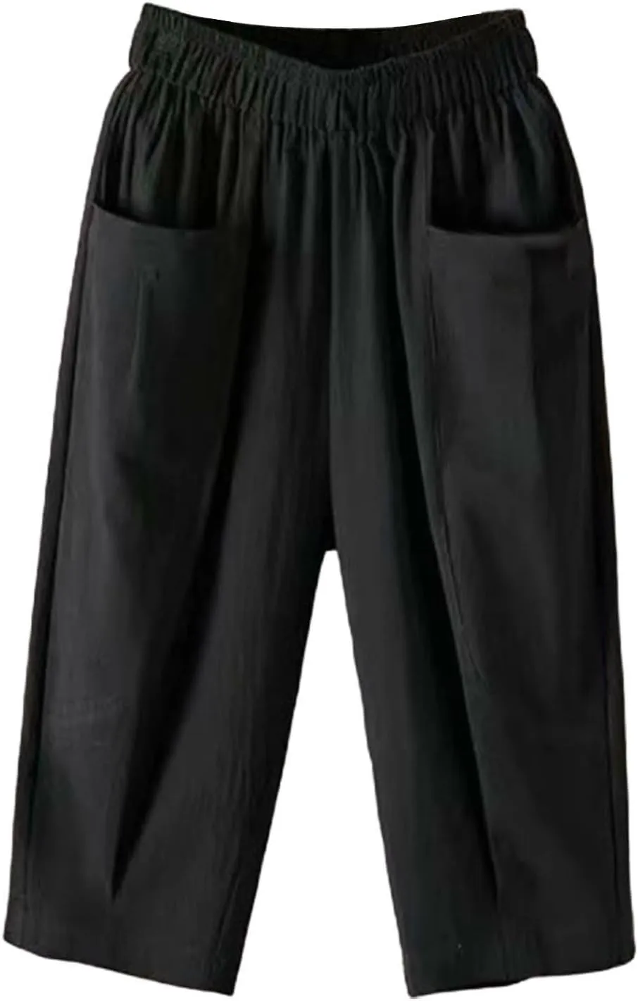 Women Capri Pants Linen Elastic High Waist Tapered Leg with Pockets Causal Loose Fit Summer Beach Lounge Trousers