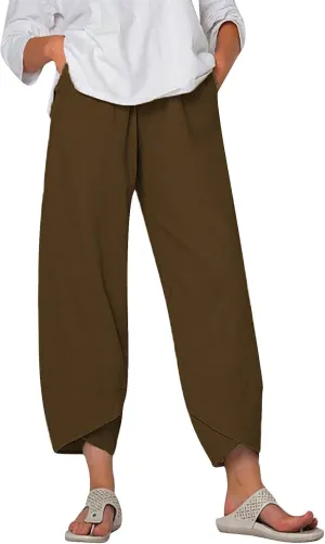 Women Cotton Linen Cropped Pants Casual Summer Elastic High Waist Loose Fit Wide Leg Drawstring Lounge Trousers with Pockets
