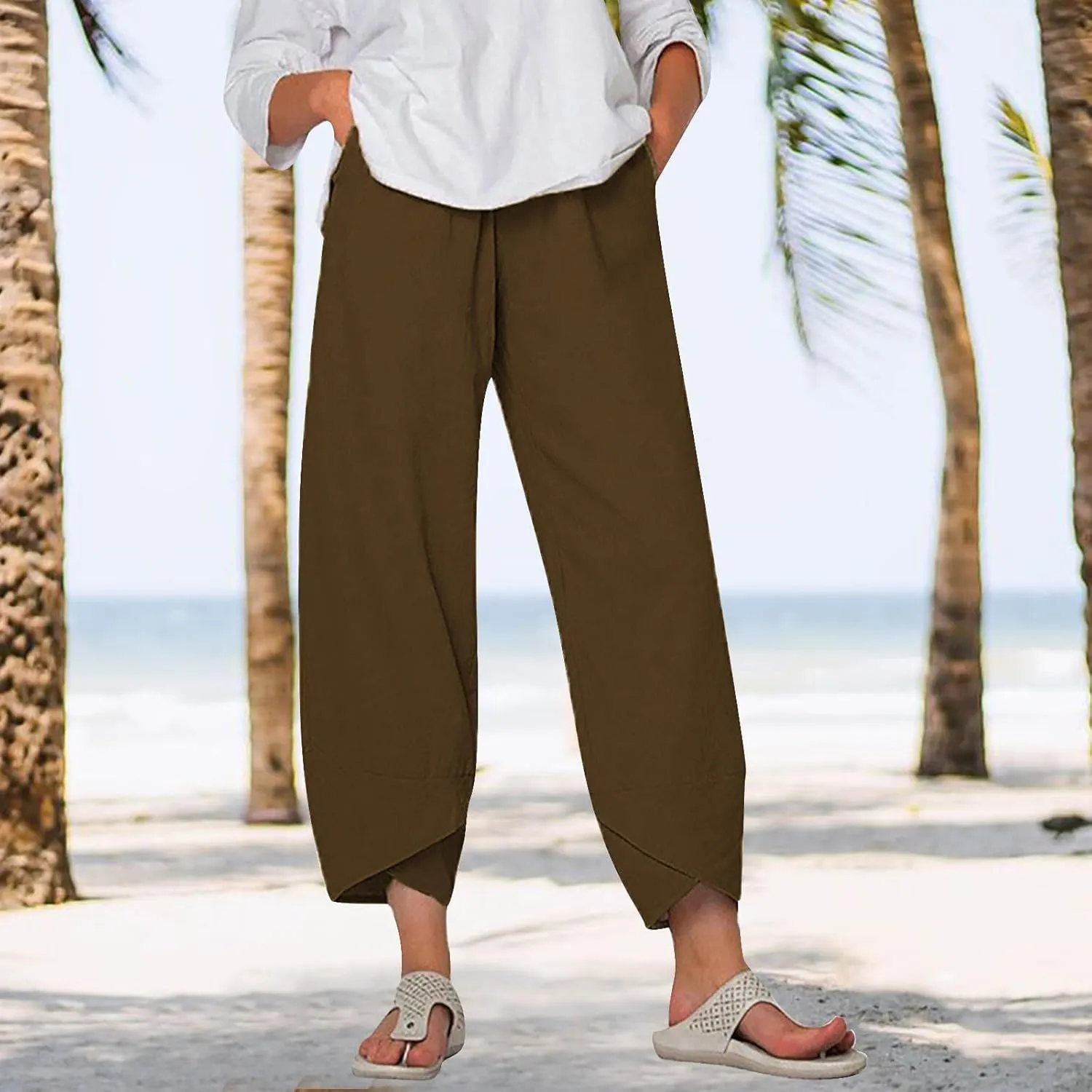 Women Cotton Linen Cropped Pants Casual Summer Elastic High Waist Loose Fit Wide Leg Drawstring Lounge Trousers with Pockets