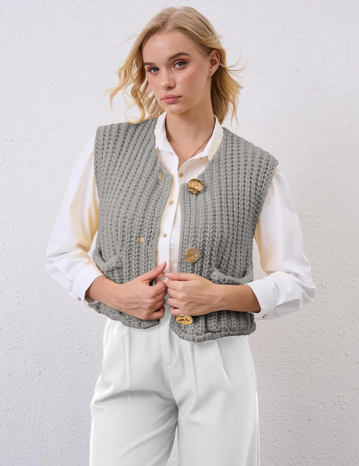 Women Crochet Knit Sweater Vest Button Up Cropped Casual Sleeveless Vest Fashion Vintage Cardigan with Pocket
