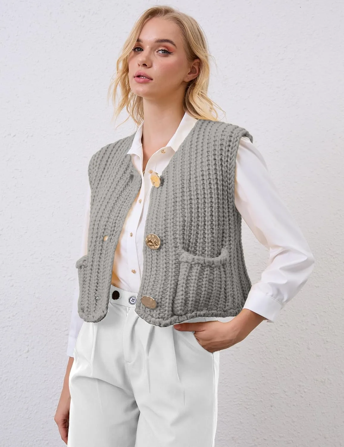 Women Crochet Knit Sweater Vest Button Up Cropped Casual Sleeveless Vest Fashion Vintage Cardigan with Pocket