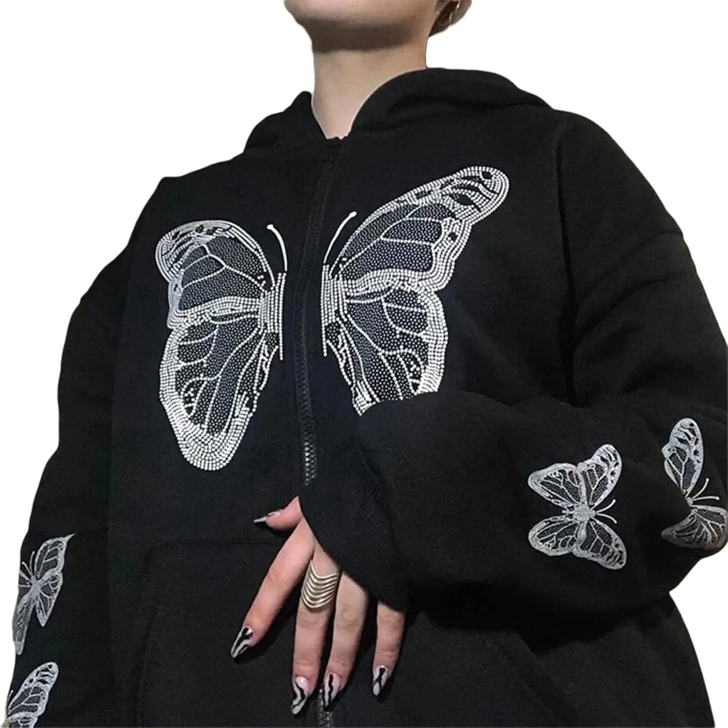 Women Gothic Oversized Hoodie Jacket Butterfly Pattern Long Sleeve Baggy Sweatshirt Front Zipper Coat Tops