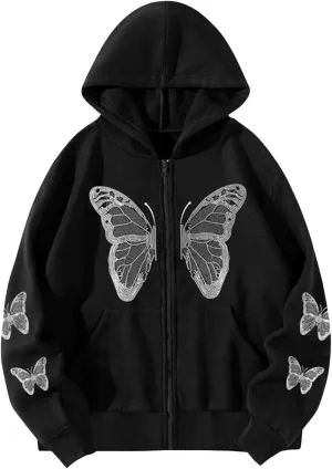 Women Gothic Oversized Hoodie Jacket Butterfly Pattern Long Sleeve Baggy Sweatshirt Front Zipper Coat Tops