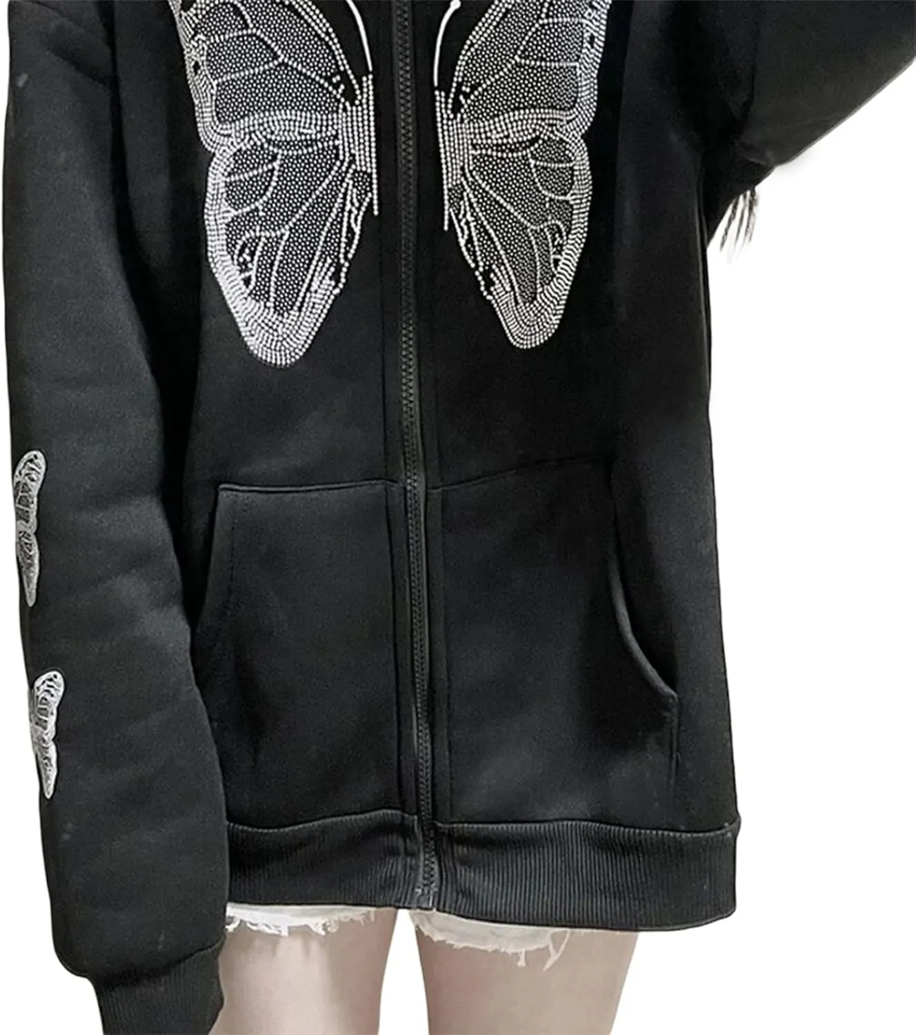 Women Gothic Oversized Hoodie Jacket Butterfly Pattern Long Sleeve Baggy Sweatshirt Front Zipper Coat Tops