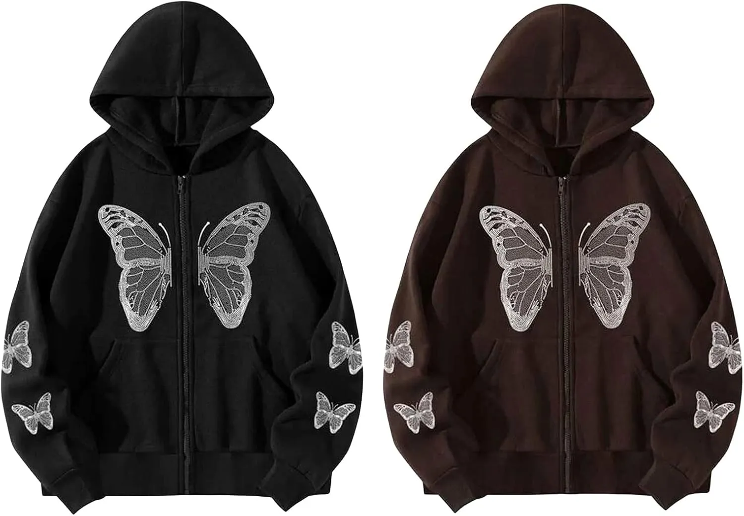 Women Gothic Oversized Hoodie Jacket Butterfly Pattern Long Sleeve Baggy Sweatshirt Front Zipper Coat Tops