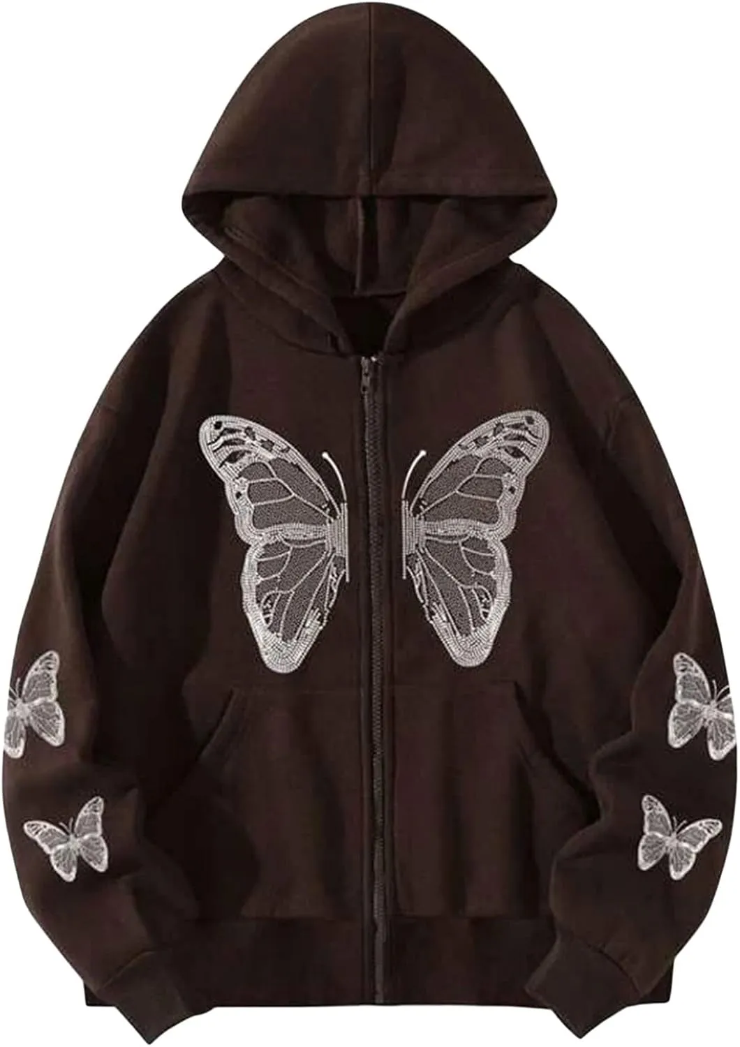 Women Gothic Oversized Hoodie Jacket Butterfly Pattern Long Sleeve Baggy Sweatshirt Front Zipper Coat Tops