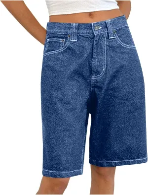 Women Jorts Baggy Jeans Solid Color Casual Outfits Mid-Low Waisted Denim Y2K Shorts Summer Hot Short Pants Streetwear