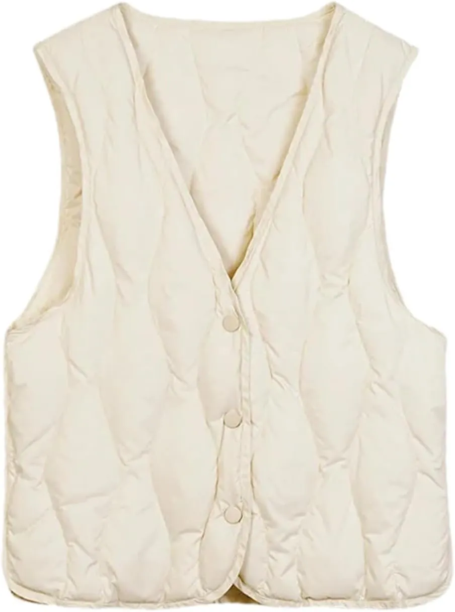 Women Lightweight White Duck Down Vest Sleeveless Packable V-Neck Collar Quilted Jacket Winter Short Top