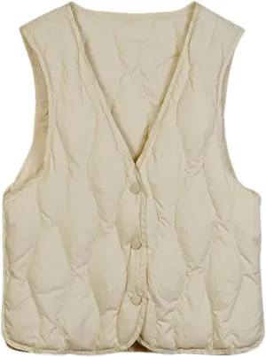 Women Lightweight White Duck Down Vest Sleeveless Packable V-Neck Collar Quilted Jacket Winter Short Top