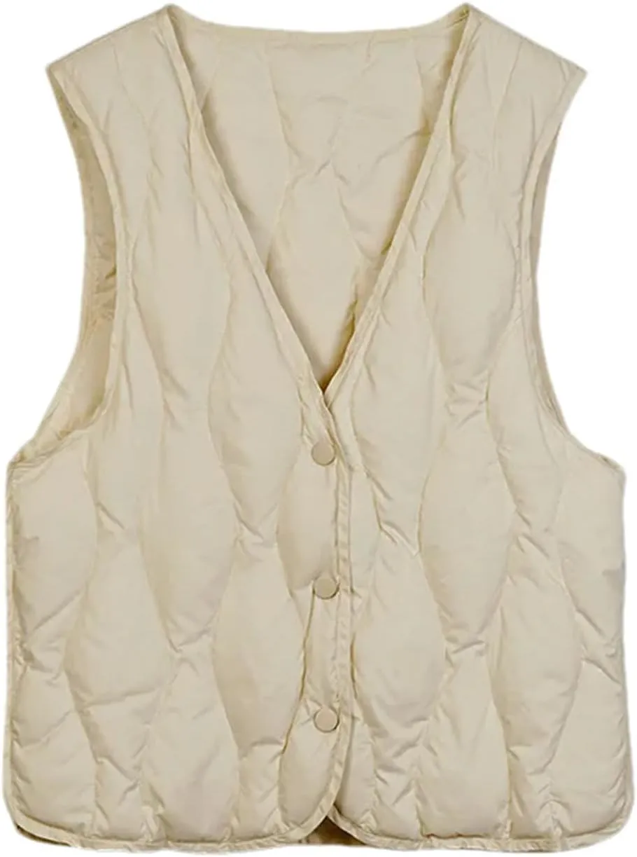 Women Lightweight White Duck Down Vest Sleeveless Packable V-Neck Collar Quilted Jacket Winter Short Top