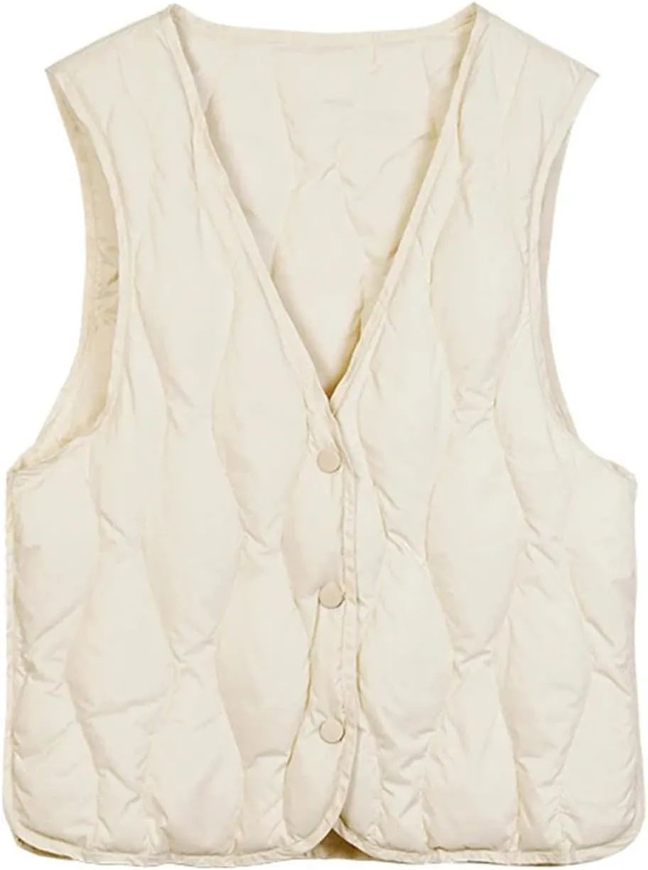 Women Lightweight White Duck Down Vest Sleeveless Packable V-Neck Collar Quilted Jacket Winter Short Top