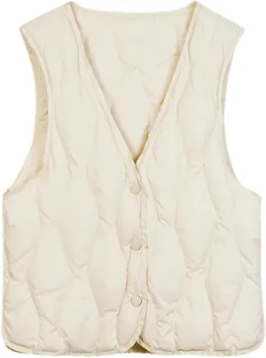 Women Lightweight White Duck Down Vest Sleeveless Packable V-Neck Collar Quilted Jacket Winter Short Top