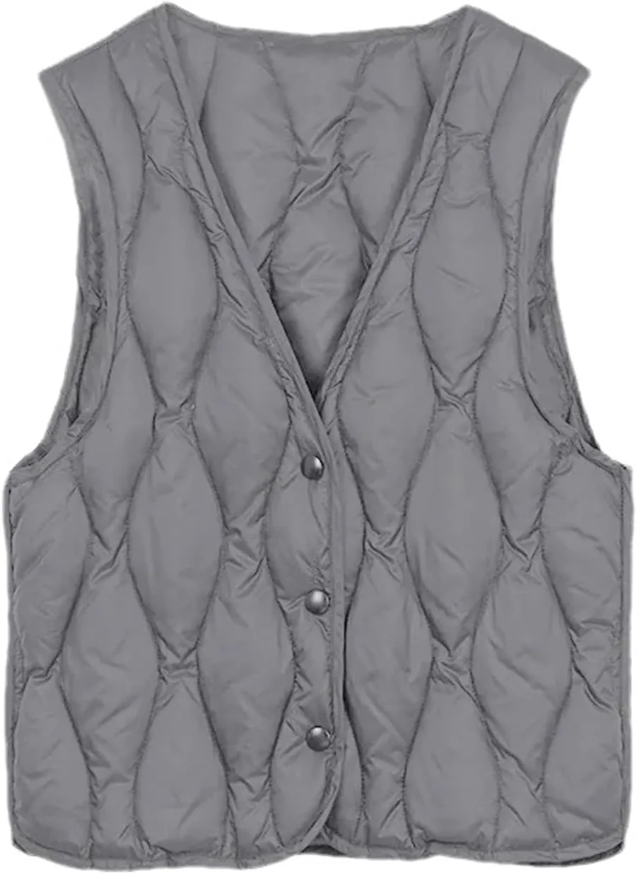 Women Lightweight White Duck Down Vest Sleeveless Packable V-Neck Collar Quilted Jacket Winter Short Top