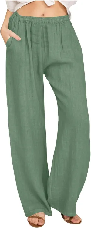 Women Linen Baggy Harem Pants Summer Casual Lounge Pants Travel Outfits Vacation Clothes Long Trouser with Pockets