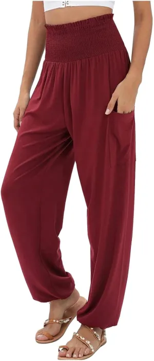 Women Linen Blend Summer Loose Flowy Palazzo Lounge Pants High Waist Bootcut Slim-Fit Trouser Work Business