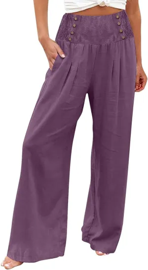 Women Linen Palazzo Pants Summer Trendy Wide Leg High Waist Casual Lounge Pant 2025 Beach Travel Vacation Outfits