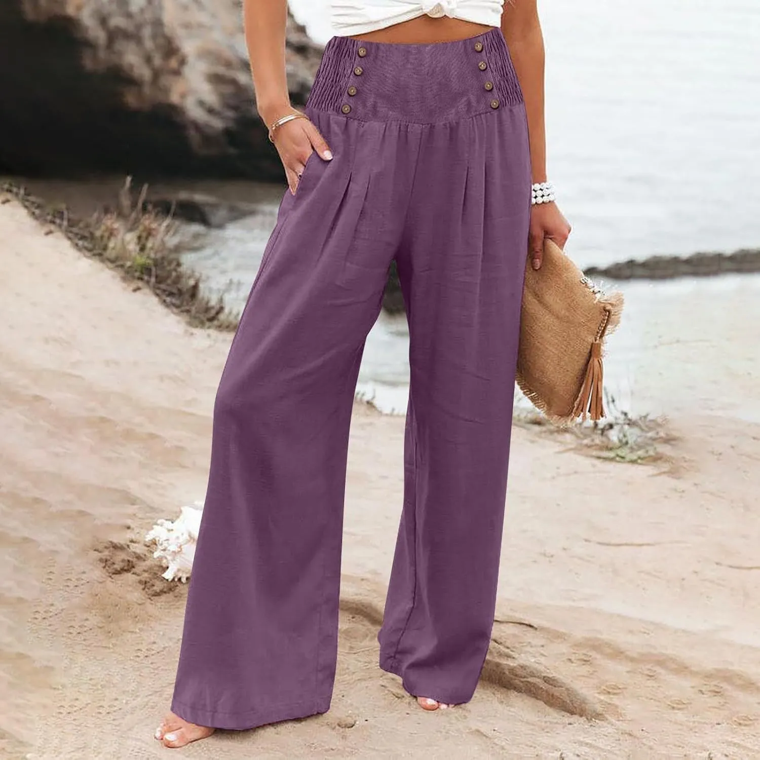 Women Linen Palazzo Pants Summer Trendy Wide Leg High Waist Casual Lounge Pant 2025 Beach Travel Vacation Outfits