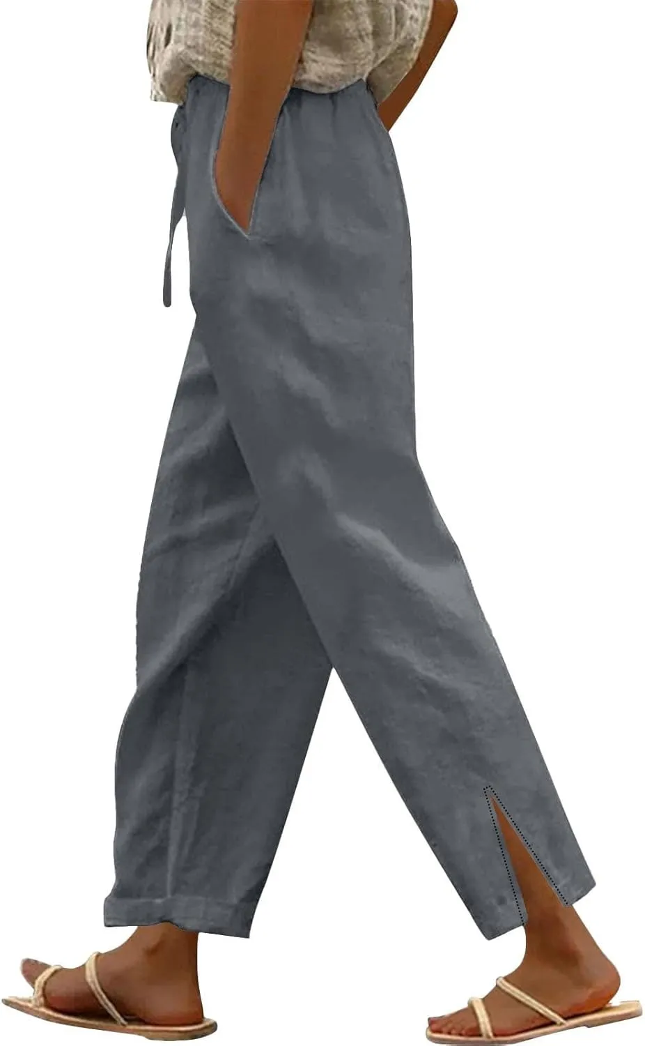 Women Linen Pants 2025 Summer Straight Leg High Waisted Side Split Lounge Pants Lightweight Baggy Beach Trouser w/Pockets
