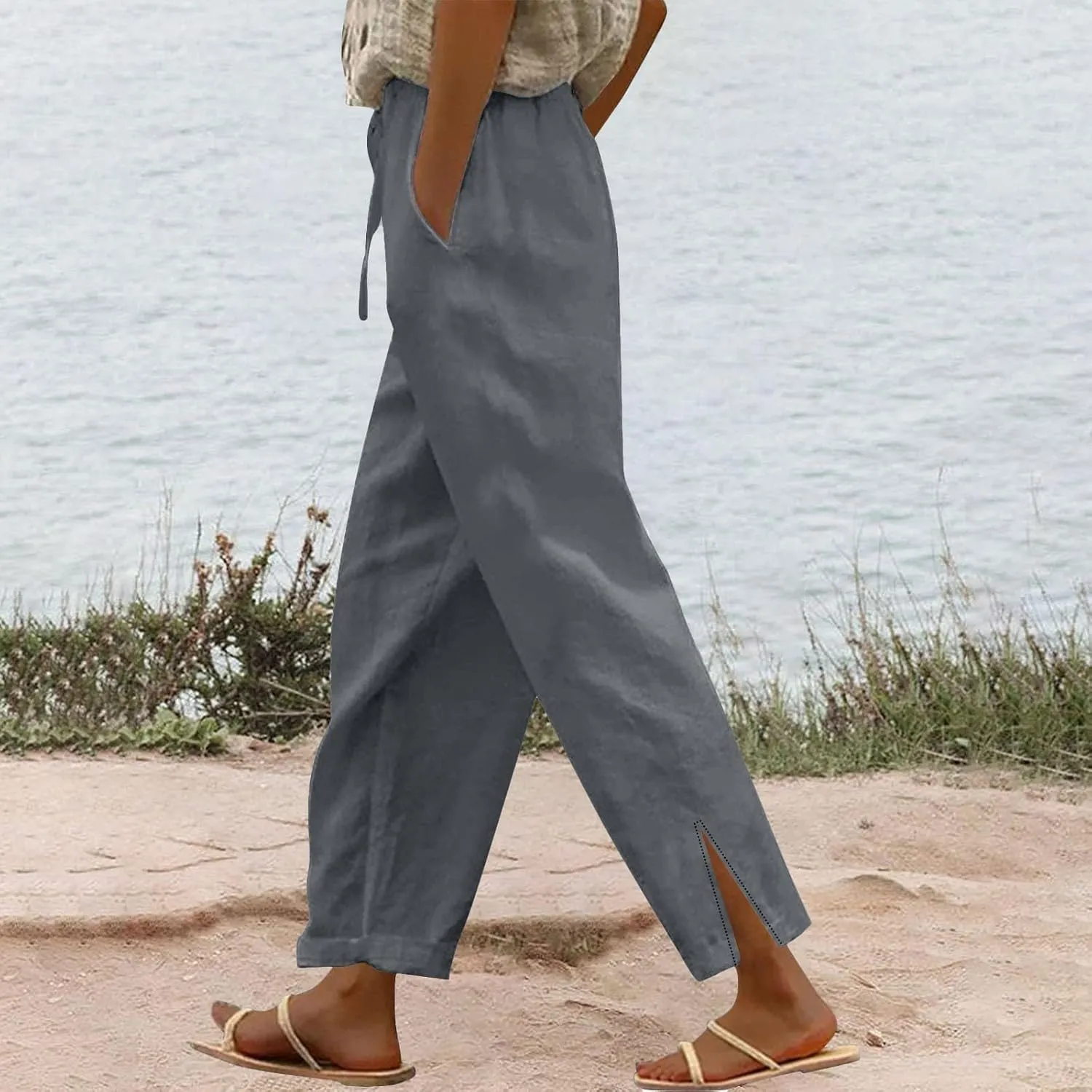 Women Linen Pants 2025 Summer Straight Leg High Waisted Side Split Lounge Pants Lightweight Baggy Beach Trouser w/Pockets