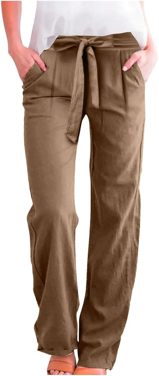 Women Linen Pants Casual Drawstring High Waisted Straight Leg Summer Pants Casual Comfy Beach Trouser with Pockets