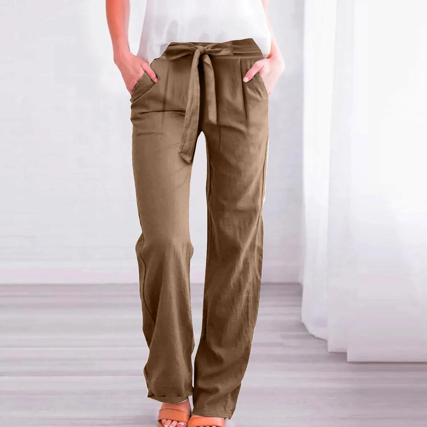 Women Linen Pants Casual Drawstring High Waisted Straight Leg Summer Pants Casual Comfy Beach Trouser with Pockets