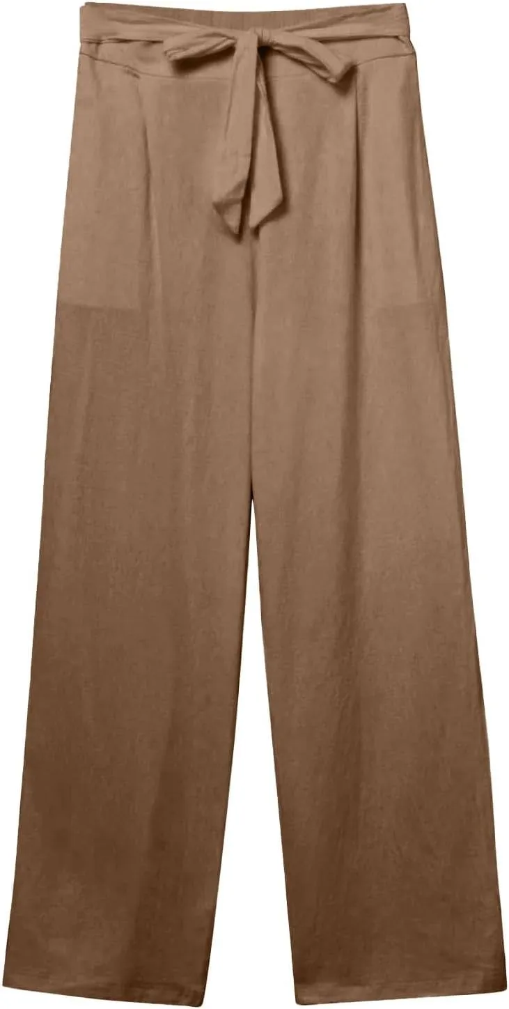 Women Linen Pants Casual Drawstring High Waisted Straight Leg Summer Pants Casual Comfy Beach Trouser with Pockets