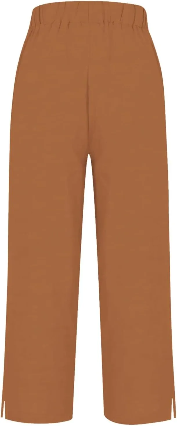 Women Linen Pants Solid Elastic Pants Long Drawstring Linen Women Waist Cotton Casual Slit Trouser Legs Slacks for